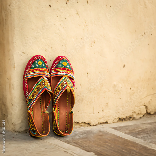 Handcrafted Ethnic Indian Shoes A Pair of Colorful Embroidered Khussa Jutti Leaning Against a Textured Wall Showcasing Traditional Footwear