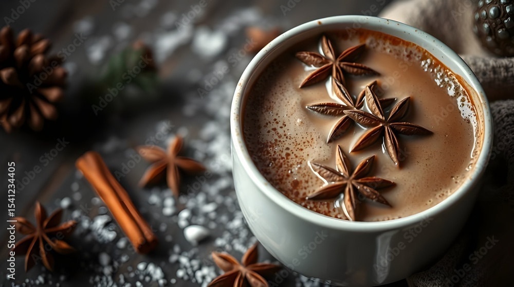 High contrast low-key photograph of Warm Cocoa with Star Anise and Cinnamon for Christmas, soft contrast, soft saturation, deep shadows, dramatic lighting, professional editorial style, award-winning High contrast low-key photograph of Warm Cocoa with Star Anise and Cinnamon for Christmas, soft contrast, soft saturation, deep shadows, dramatic lighting, professional editorial style, award-winning