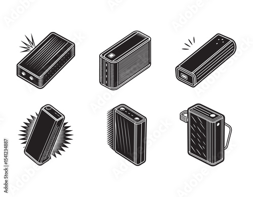 A sleek black power bank with dual USB ports for charging devices on the go. icon silhouette vector illustration