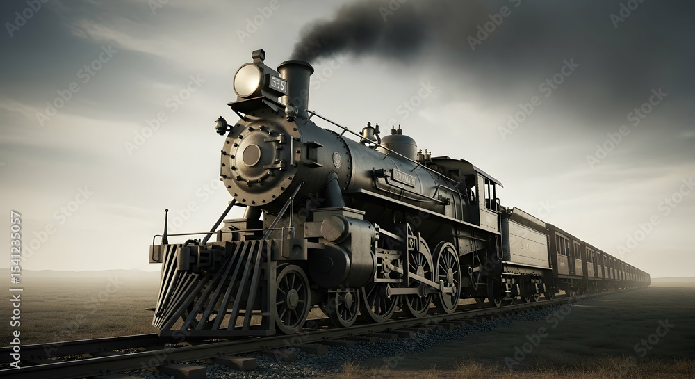 Naklejka premium Steam train, Locomotive, Train, Vintage Steam Locomotive Train on Desert Landscape