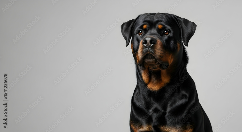 Rottweiler, Dog, Puppy, Majestic Rottweiler Dog Portrait Against Grey Background Rottweiler, Dog, Puppy, Majestic Rottweiler Dog Portrait Against Grey Background