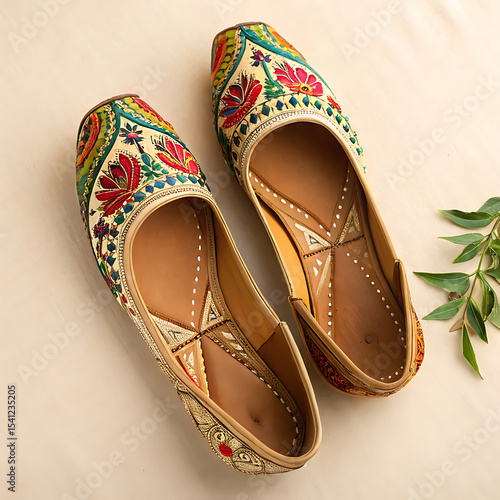 Elegant Pair of Handcrafted Indian Mojari Shoes with Intricate Floral Embroidery and Delicate Beadwork on a Light Background with Greenery