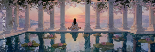 Vector illustration of young woman sits in lotus pose, banner.