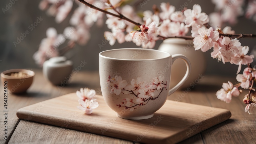 Serene Spring Morning: A Teacup Adorned with Cherry Blossoms Serene Spring Morning: A Teacup Adorned with Cherry Blossoms