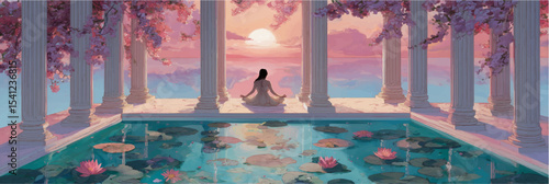 Vector illustration of young woman sits in lotus pose, banner.