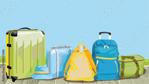 Illustration of various luggage items including suitcases and backpacks stacked together on a wooden surface