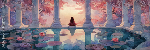 Vector illustration of young woman sits in lotus pose, banner.