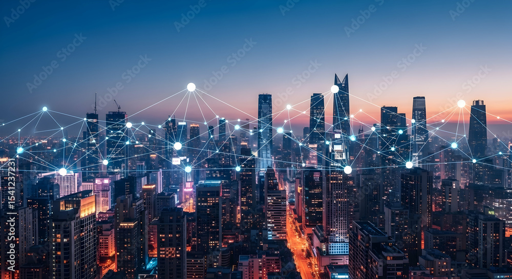 Fototapeta premium Smart city, City at night, Cityscape, Smart City Network at Night