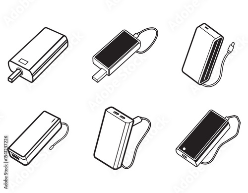 A sleek black power bank with dual USB ports for charging devices on the go. icon silhouette vector illustration