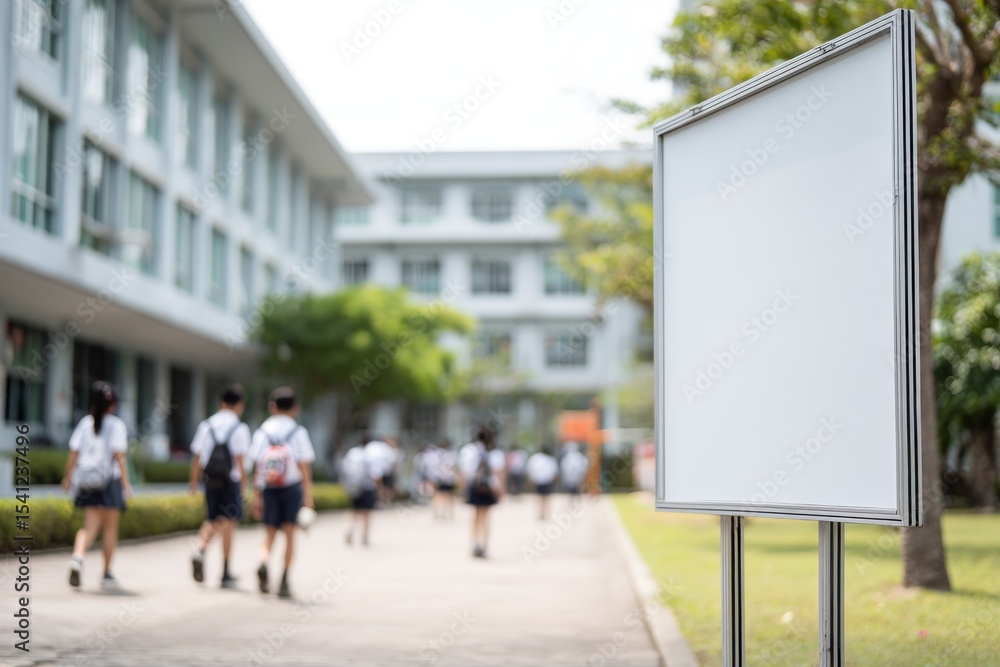 Obraz premium School students walking in courtyard blank sign