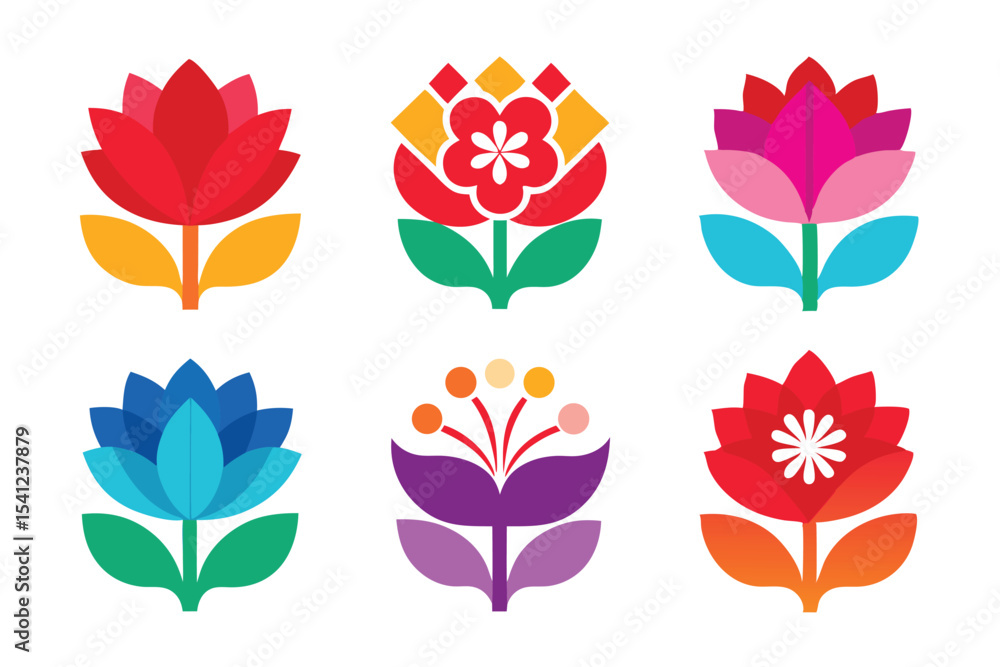 Fototapeta premium Collection of Six Flat Design Colorful Geometric Floral Illustrations on a White Background