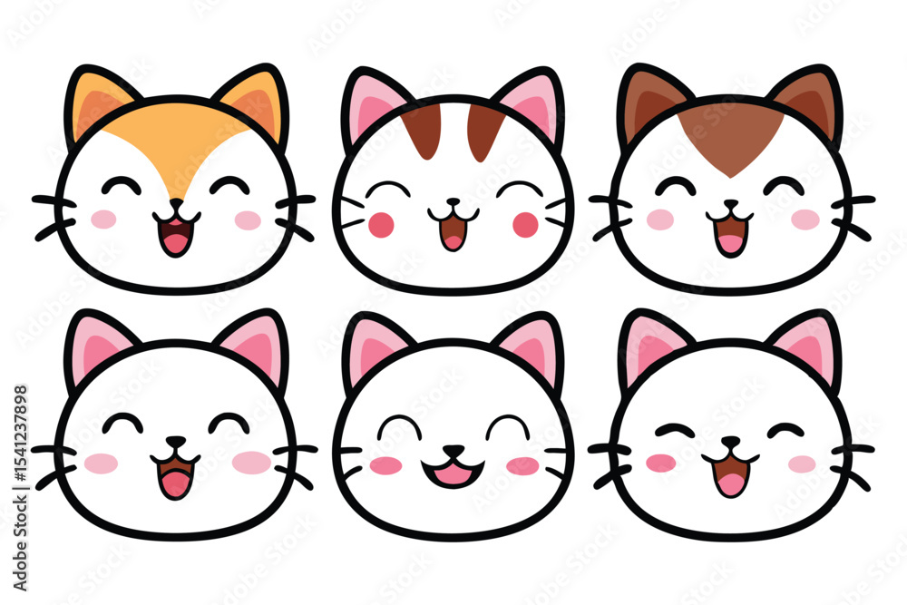 Fototapeta premium Collection of Six Adorable Smiling Cartoon Cat Faces with Different Color Variations on White Background