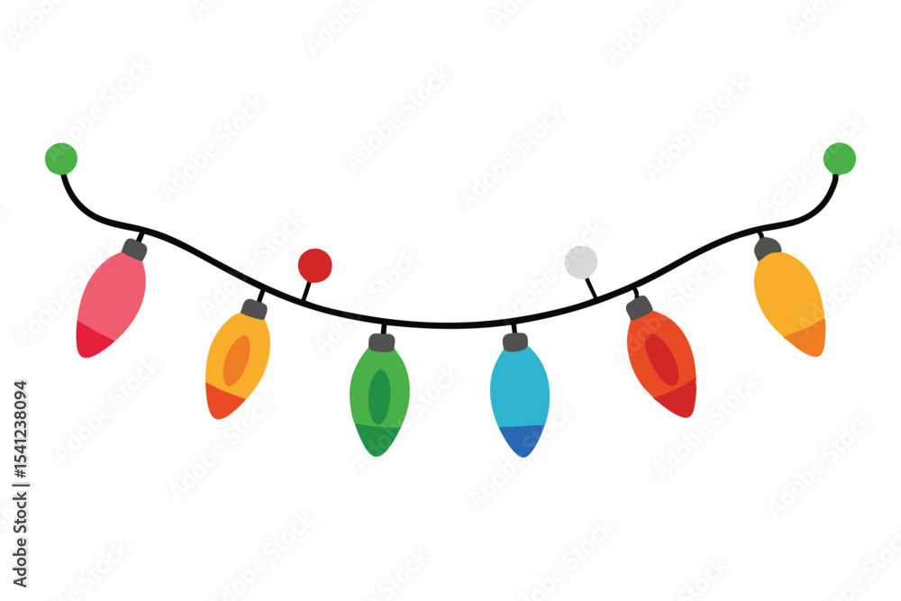 Fototapeta premium Colorful Cartoon Christmas Lights Garland Hanging on a Black Wire with Dots