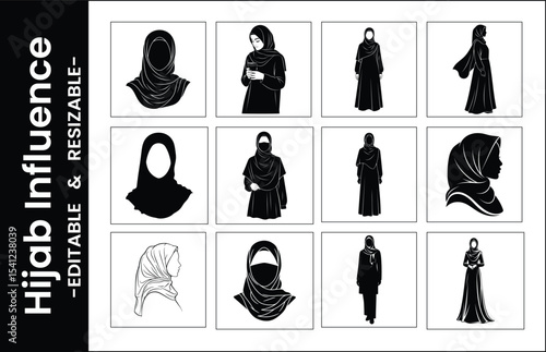 Black And White Vector Illustration Set Of Islamic Women Wearing Hijab Fashion