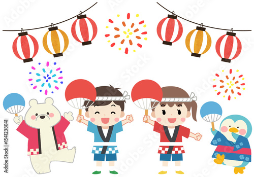 夏祭りを楽しむ法被と浴衣を着た子供たちとシロクマ・ペンギンのイラスト