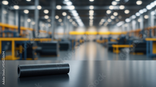 Rolled carbon fiber sheet rests sleek workstation modern industrial setting, showcasing advanced technology and precision. blurred background highlights high tech environment, evoking sense