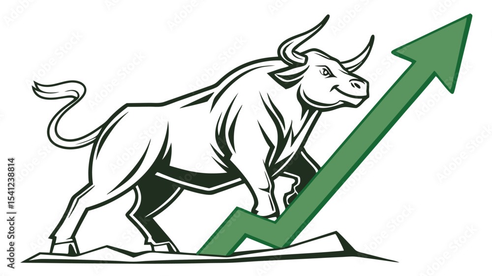 Obraz premium Illustration of a bull with a green arrow pointing upwards symbolizing growth and positive market trends exactly