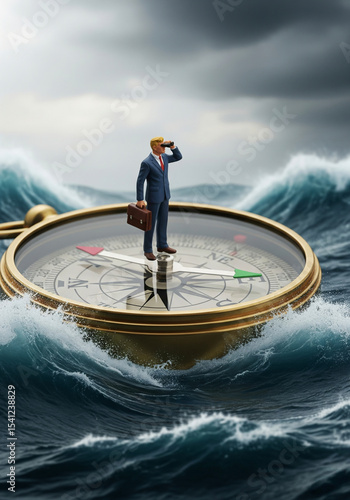 Toy businessman standing on a compass in the middle of the sea