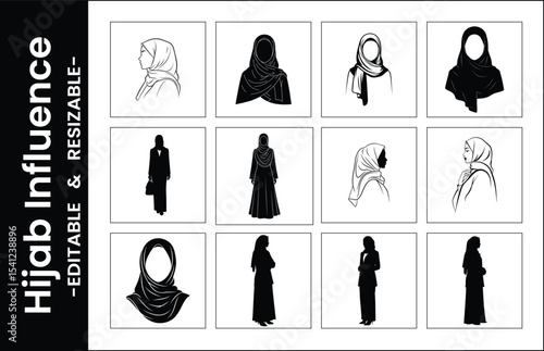 Hijab Fashion Silhouette Collection Muslim Women In Various Poses And Styles Vector Art