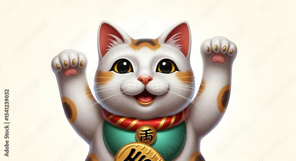 Fototapeta premium Maneki-neko, Beckoning cat, Lucky cat, Happy Maneki-neko Cat Raising Paws