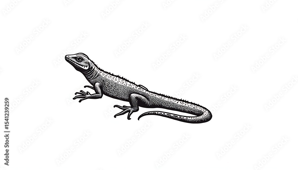 Fototapeta premium A grayscale illustration of a lizard, depicted in profile view, showcasing detailed scales and limbs.