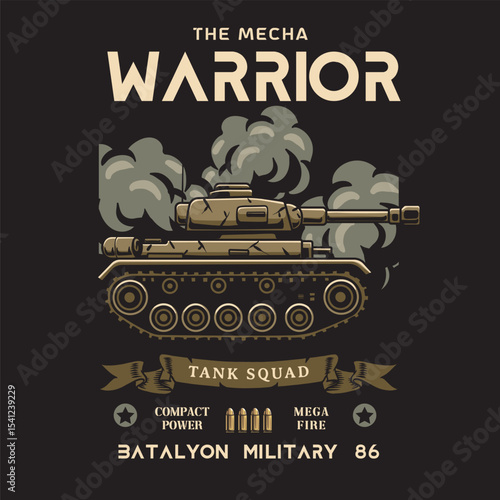 Vector Illustration of Tank in Side View with Detailed Illustration Available for Tshirt Design