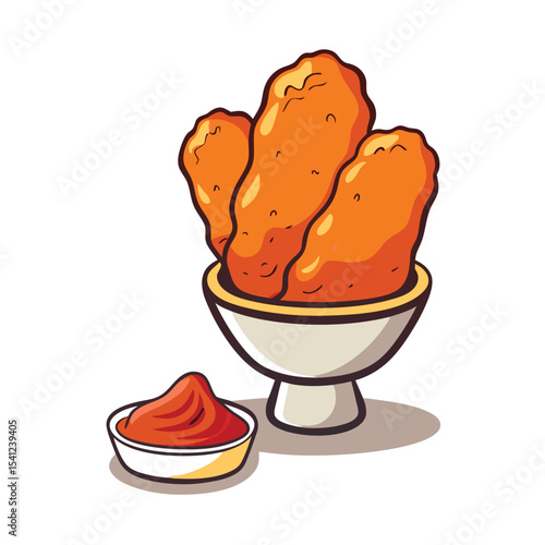 Crispy Chicken Nuggets in a Footed Bowl with Ketchup Cartoon Illustration