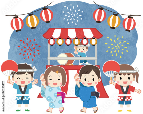 夏祭りを楽しむ浴衣と法被を着た子供たちのイラスト