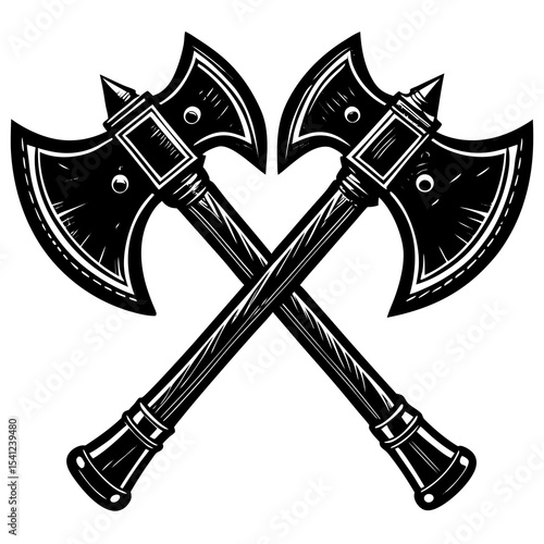 Crossed double bit axes medieval weapon illustration