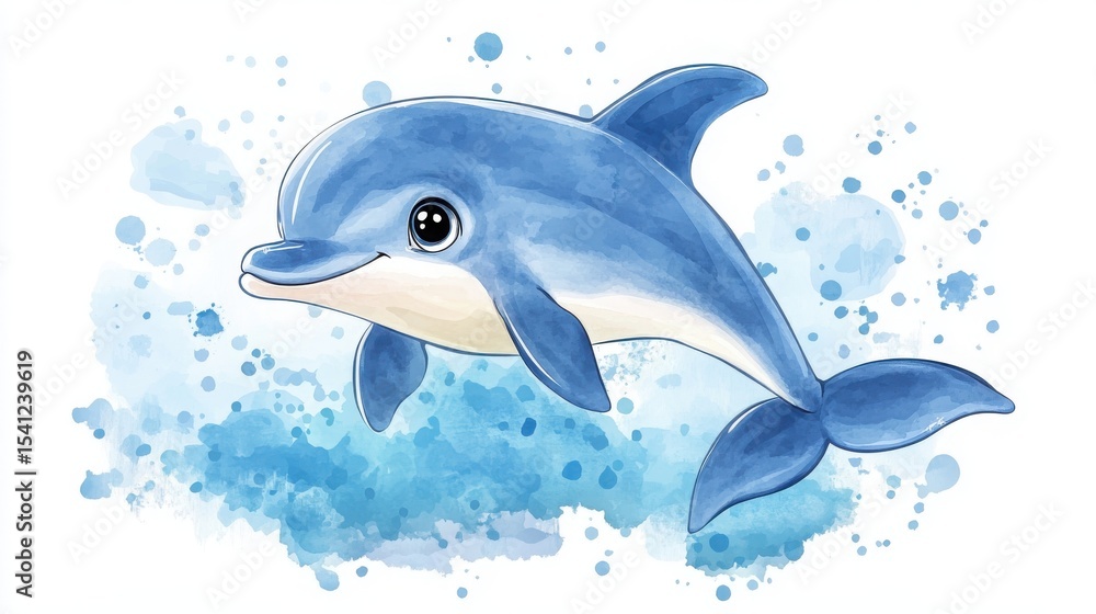 Obraz premium A watercolor illustration of a playful blue dolphin swimming amidst splashes of water.