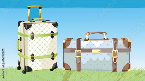 Two suitcases on grass with a blue sky backdrop for travel and vacation planning and luggage accessories