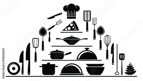Black and white minimalist kitchen tools and cookware design arrangement for culinary themes