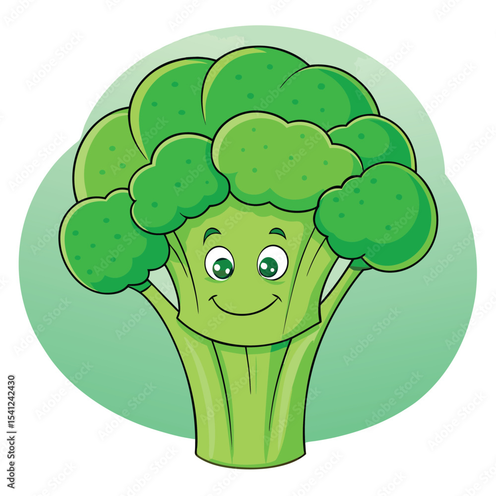 Smiling Cartoon Broccoli Character with Green Eyes, Sitting Against a Soft Green Background Smiling Cartoon Broccoli Character with Green Eyes, Sitting Against a Soft Green Background