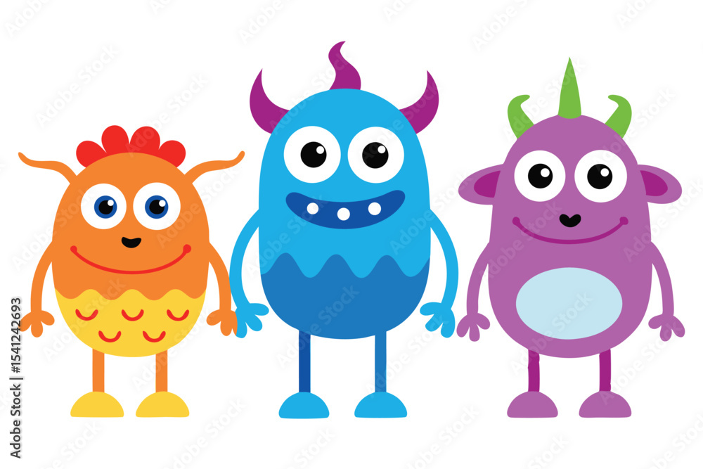 Fototapeta premium Three Colorful Cartoon Monsters Standing Side by Side on a White Background