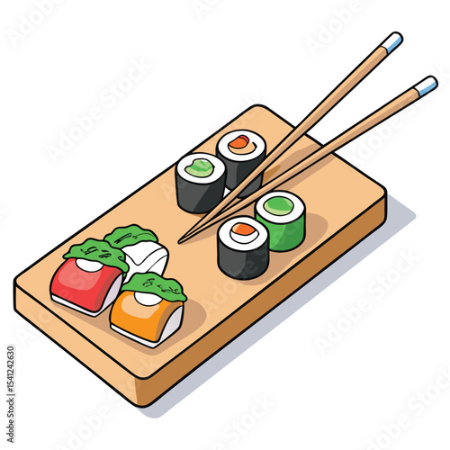 Sushi Rolls and Nigiri on Wooden Board with Chopsticks, Illustration of Japanese Cuisine