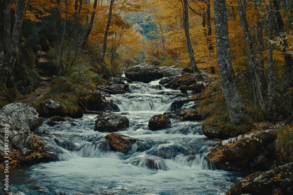 Fototapeta premium Serene mountain stream flows through vibrant autumn forest landscape, Mountain stream or river in a forest, autumn nature landscape