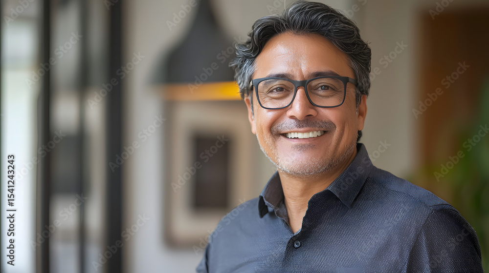 Fototapeta premium Middle-age Hispanic business manager ceo using cell phone mobile app. Smiling portrait of Latin