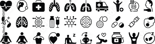 Set of 25 unique black health and wellness icons including heart, lungs, brain, ambulance, yoga poses, medical tools, and fitness symbols for healthcare, wellness, and lifestyle designs