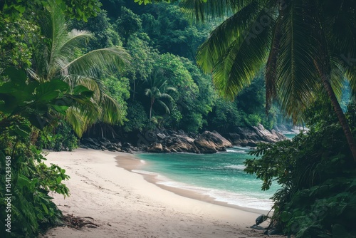 Fototapeta Naklejka Na Ścianę i Meble -  Lush jungle trails leading to a serene tropical beach on a Thailand island, Jungle forest and tropical beach on Thailand island Exotic nature background