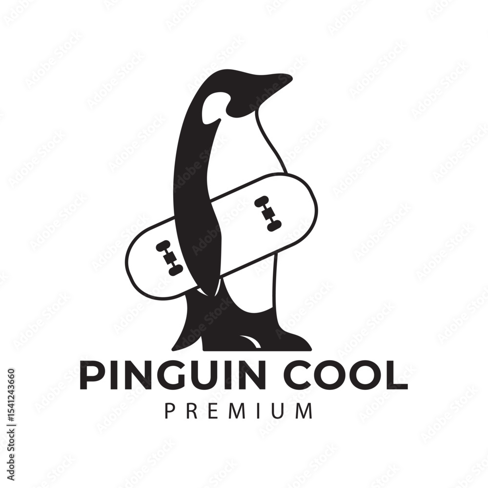 Obraz premium logo simple penguin standing holding skateboard cool vector icon symbol modern illustration design