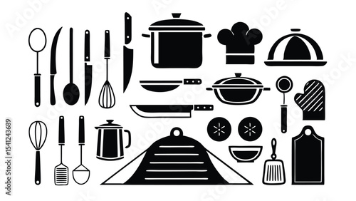 Stylized kitchen tools and utensils silhouettes perfect for culinary themes and graphic design projects