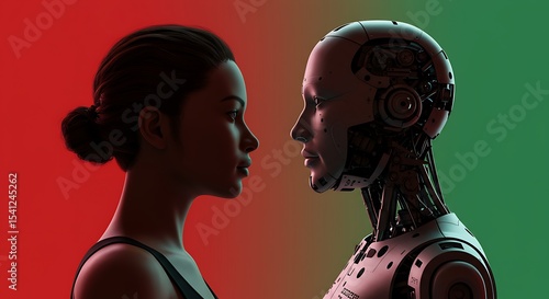 Human and artificial intelligence facing each other in dramatic contrast concept