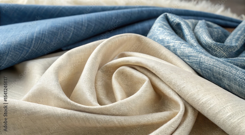 Fototapeta premium Elegant linen fabric swatches in beige and blue