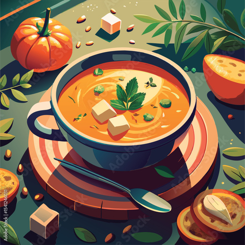 Delicious autumn pumpkin soup with cream.