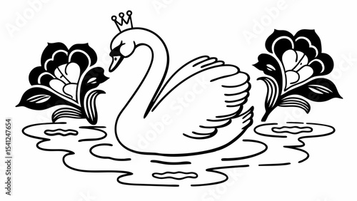 Elegant swan with crown floating on water between two stylized floral arrangements in black and white created with generated ai