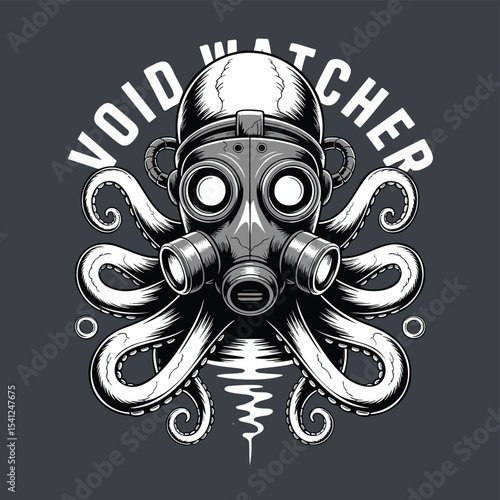 An octopus wears a gas mask in a surreal illustration. Apocalyptic creature, fantasy art, steampunk design, digital illustration.