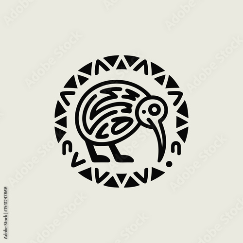 Stylized kiwi bird illustration inside circular tribal pattern. New Zealand symbol, nature, wildlife, indigenous art.
