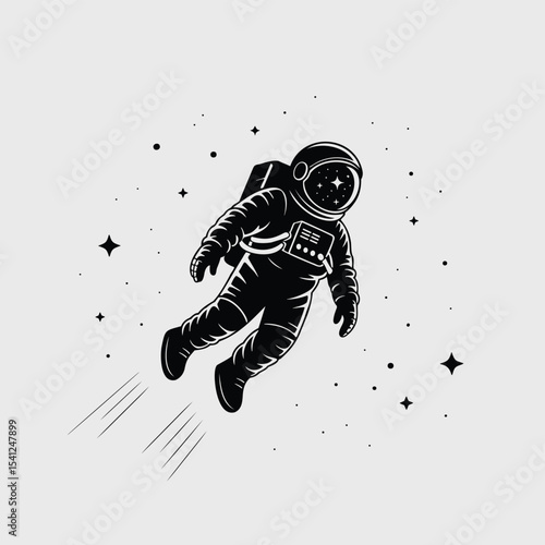 Astronaut floats in space with stars in visor. Space exploration, science fiction, cosmic travel, interstellar journey, adventure, astronautics.