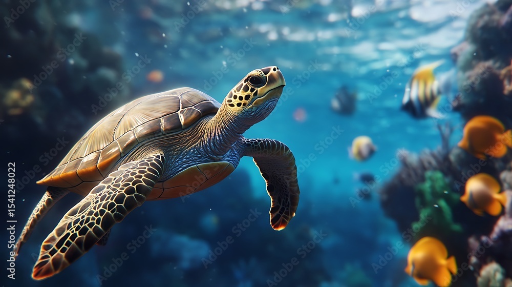 Fototapeta premium Sea turtles drifting near rocky tropical coastline high resolution picture