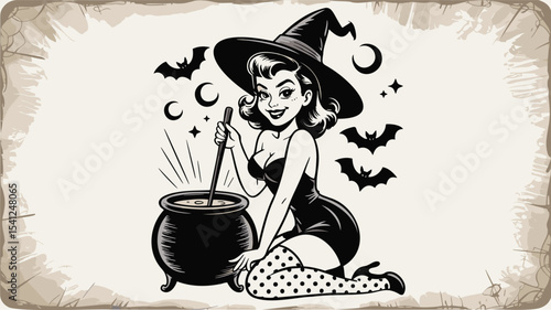 Retro pinup witch stirs cauldron of potion. Halloween art, witchcraft, vintage style.